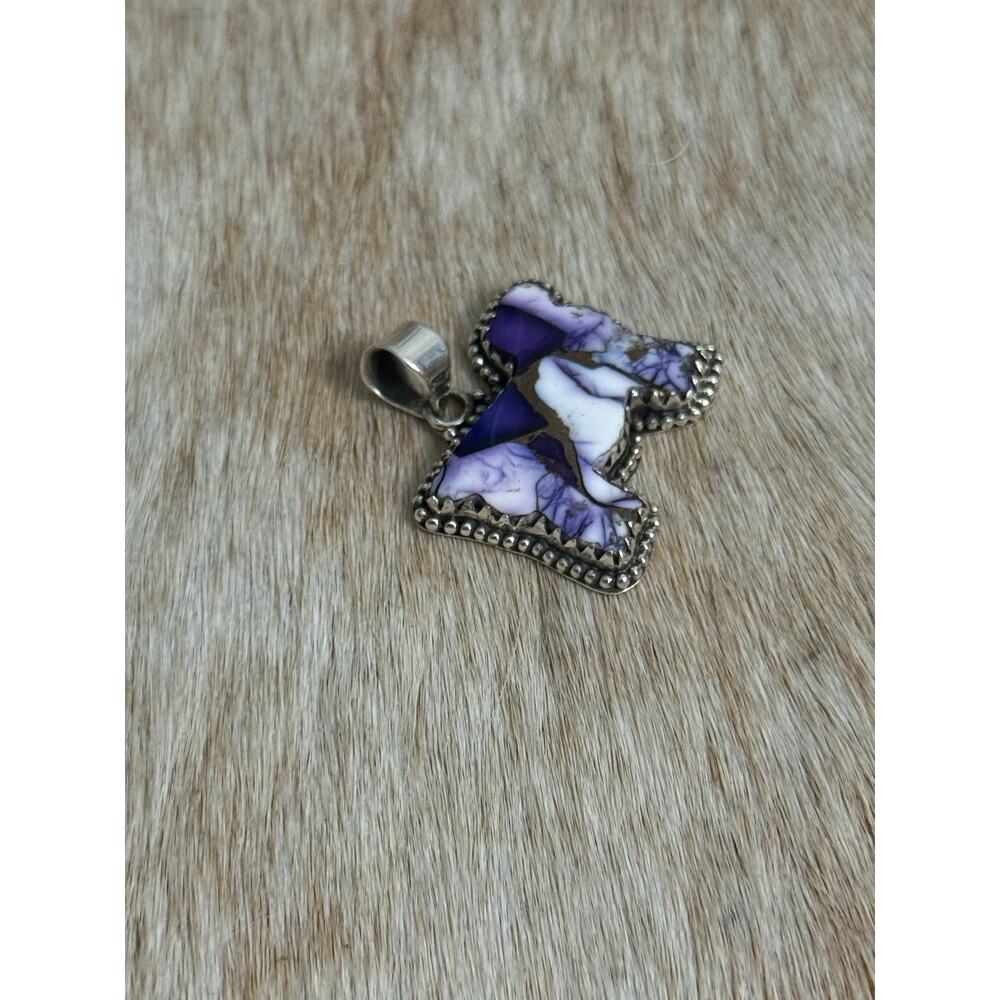 Native American SW Sterling Silver & Purple Dahlia Turquoise Sheep Cow Pendant - Picture 5 of 9